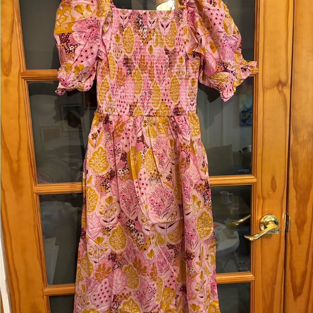 NWT Jessie Zhao Floral Pink and Yellow smocked midi-Dress